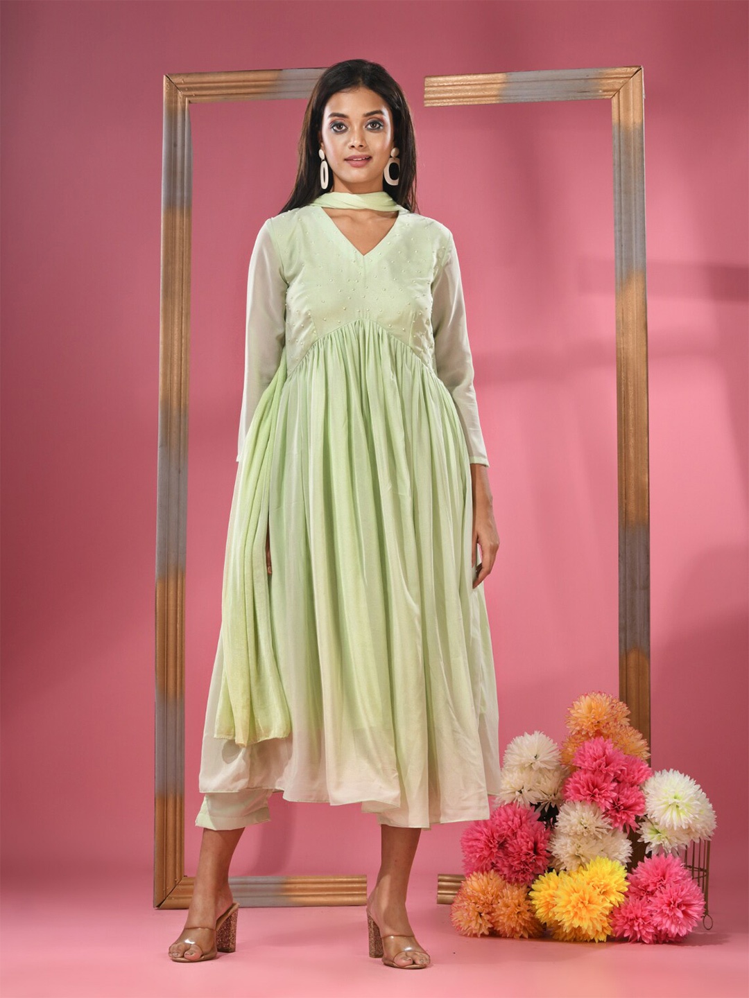 Charukriti Yoke Design Regular Beads and Stones Kurta with Trousers & With Dupatta, Green
Charukriti Yoke Design Regular Beads and Stones Kurta with Trousers & With Dupatta, Green