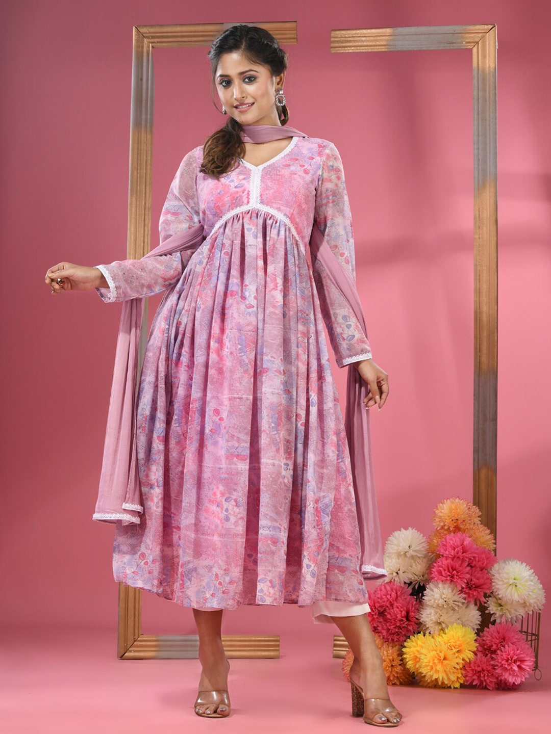 Charukriti Floral Printed V-Neck Calf Length Anarkali Kurta with Trousers & Dupatta, Pink
Charukriti Floral Printed V-Neck Calf Length Anarkali Kurta with Trousers & Dupatta, Pink