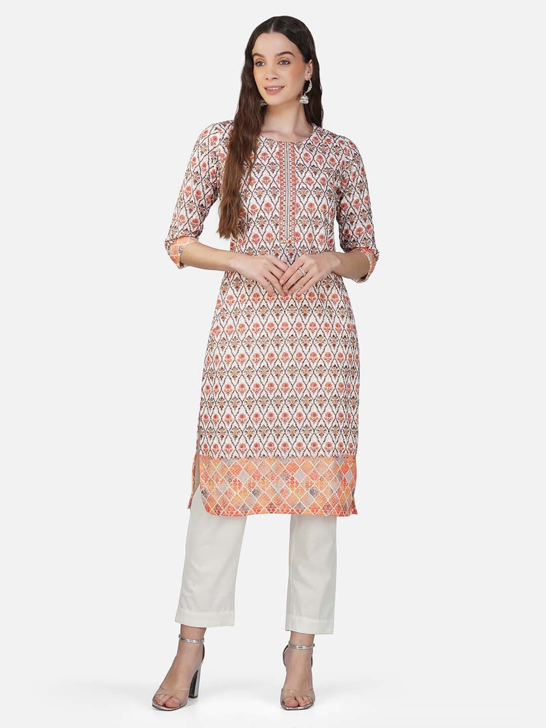 INDIAN KNOTS Round Neck Geometric Printed Straight Kurta with Trouser & Dupatta, Off white
INDIAN KNOTS Round Neck Geometric Printed Straight Kurta with Trouser & Dupatta, Off white