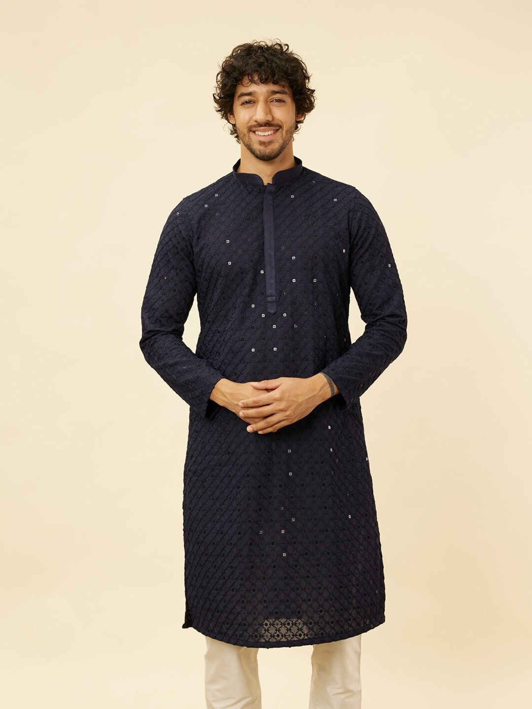Manyavar Ethnic Motifs Embroidered Mandarin Collar Sequinned Kurta with Pyjamas, Blue
Manyavar Ethnic Motifs Embroidered Mandarin Collar Sequinned Kurta with Pyjamas, Blue