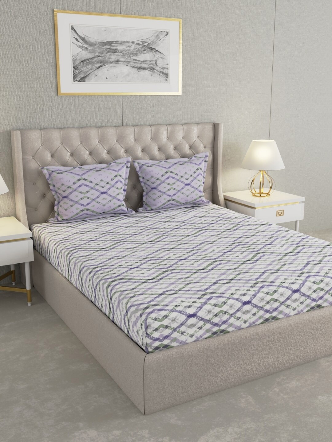 Raymond Home White & Purple Geometric Cotton 144 TC Queen Bedsheet with 2 Pillow Covers
Raymond Home White & Purple Geometric Cotton 144 TC Queen Bedsheet with 2 Pillow Covers