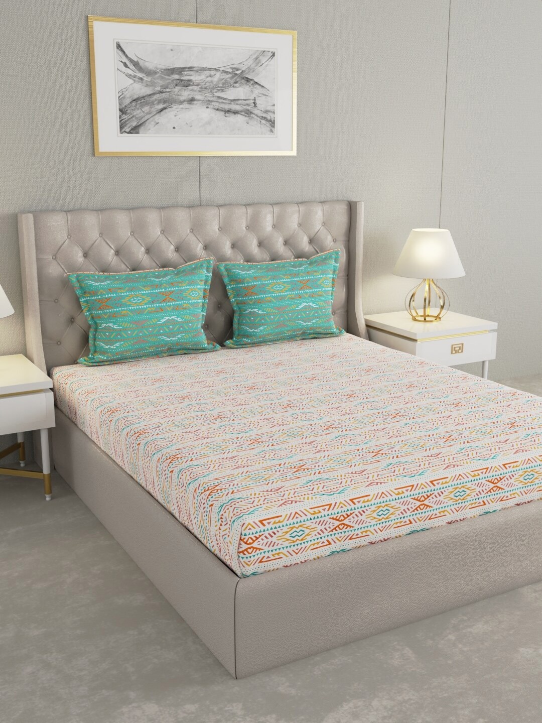 Raymond Home White & Green Geometric Cotton 144 TC Queen Bedsheet with 2 Pillow Covers
Raymond Home White & Green Geometric Cotton 144 TC Queen Bedsheet with 2 Pillow Covers