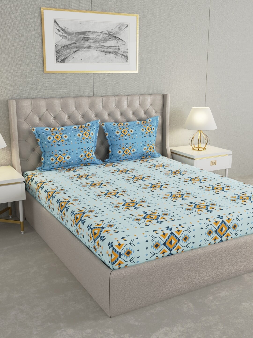 Raymond Home Blue & Orange Geometric Cotton 144 TC Queen Bedsheet with 2 Pillow Covers
Raymond Home Blue & Orange Geometric Cotton 144 TC Queen Bedsheet with 2 Pillow Covers