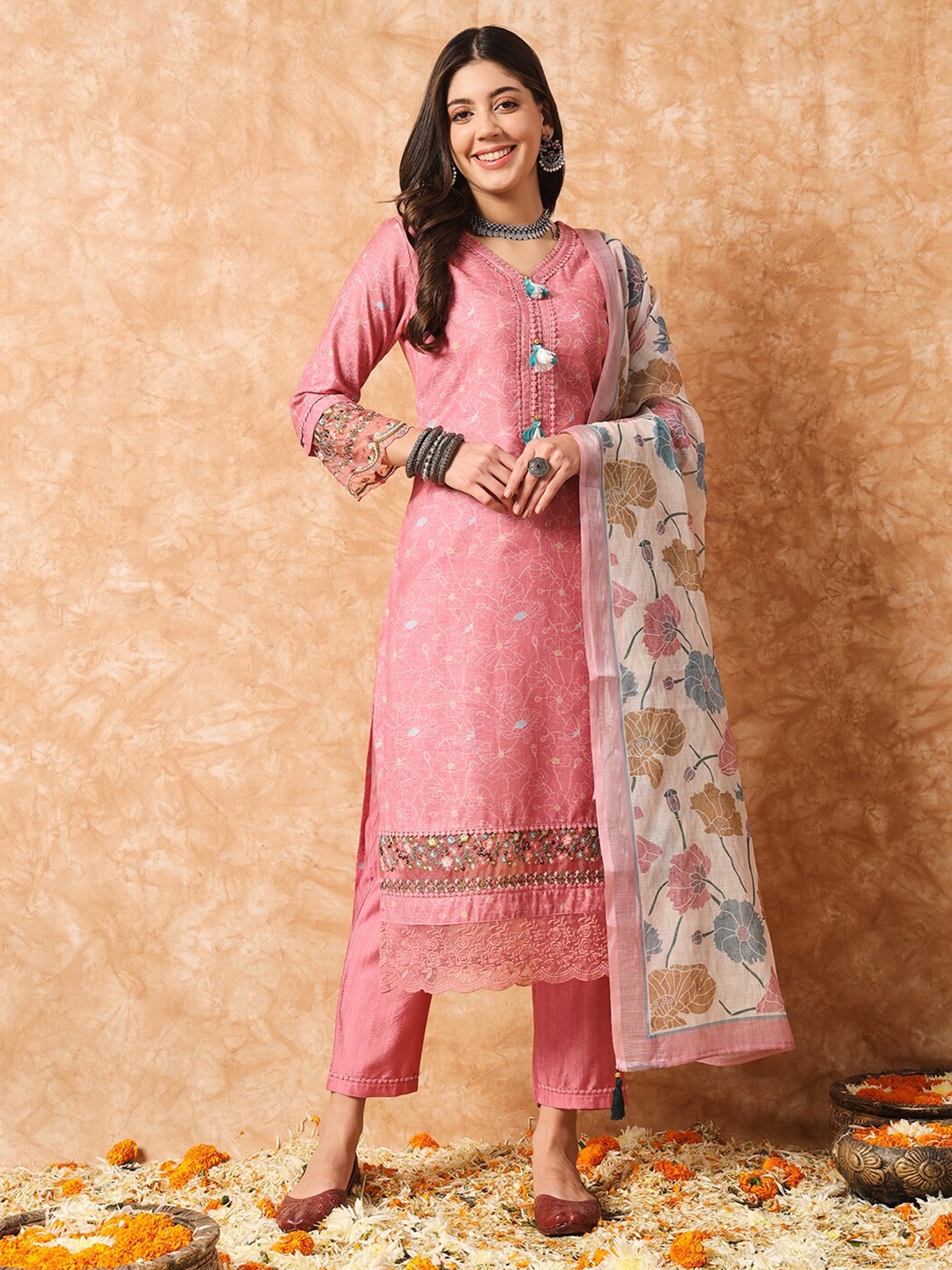 J.KANJI Floral Printed Thread Work Kurta With Trouser & Dupatta, Peach