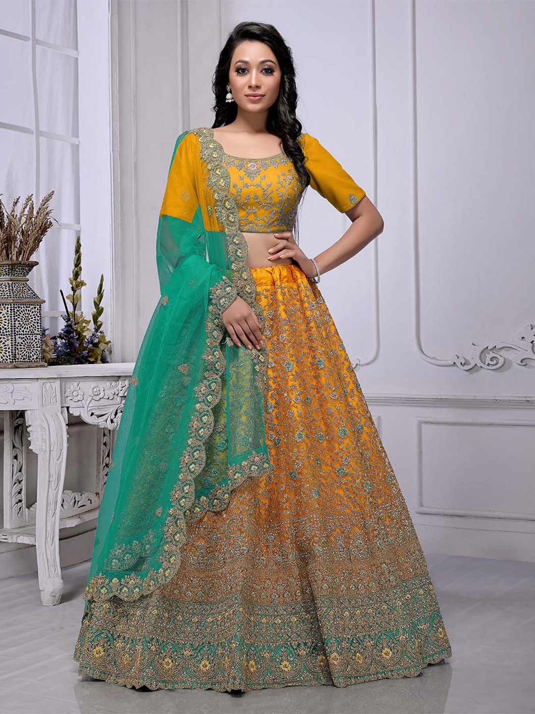 HALFSAREE STUDIO Embellished Net Semi-Stitched Lehenga & Unstitched Blouse With Dupatta, Mustard
HALFSAREE STUDIO Embellished Net Semi-Stitched Lehenga & Unstitched Blouse With Dupatta, Mustard
