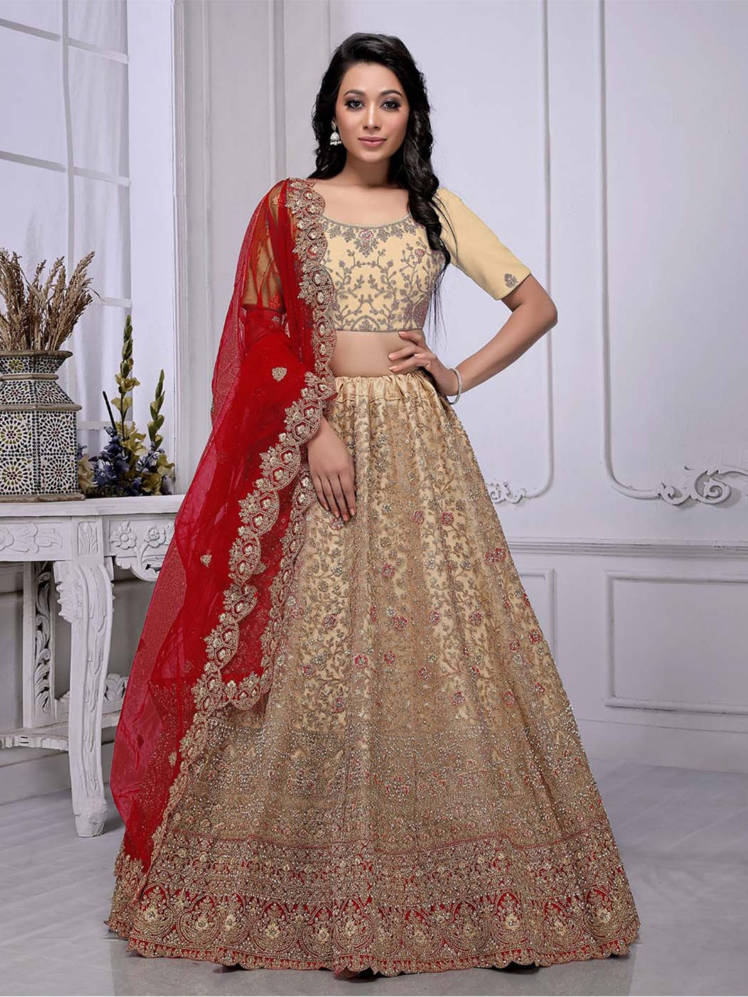 HALFSAREE STUDIO Embellished Net Semi-Stitched Lehenga & Unstitched Blouse With Dupatta, Cream
HALFSAREE STUDIO Embellished Net Semi-Stitched Lehenga & Unstitched Blouse With Dupatta, Cream