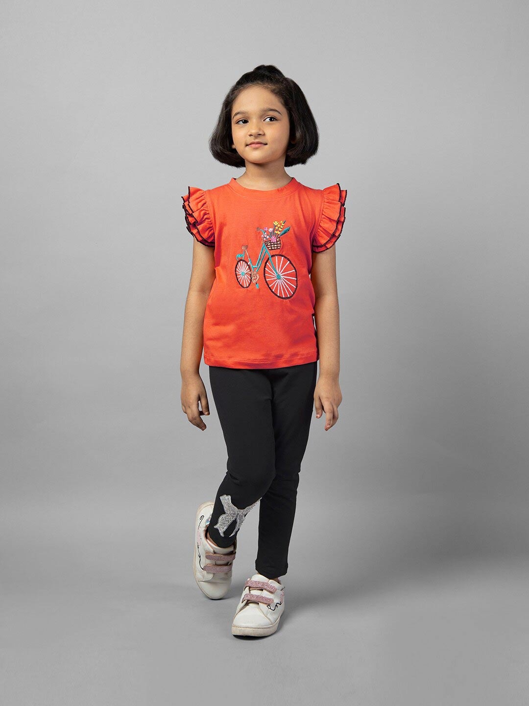 ZIP ZAP ZOOP Girls Typography Printed Round Neck Applique T-shirt, Orange