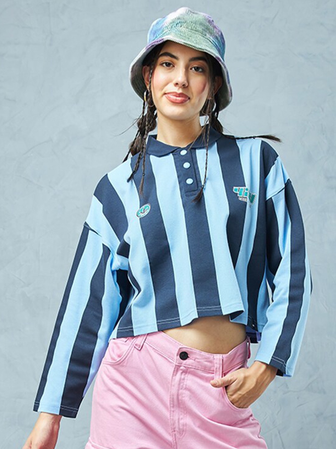 Bewakoof Striped Polo Collar Drop-Shoulder Sleeves Crop Oversized Pure Cotton T-shirt, Blue
Bewakoof Striped Polo Collar Drop-Shoulder Sleeves Crop Oversized Pure Cotton T-shirt, Blue