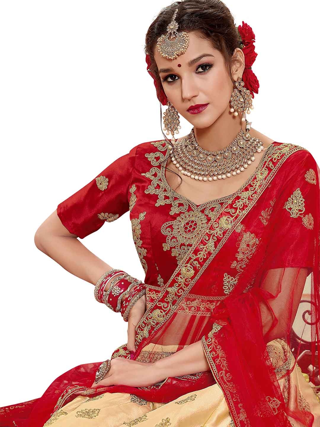 MANVAA Beige & Red Embroidered Thread Work Semi-Stitched Lehenga & Unstitched Blouse With Dupatta
MANVAA Beige & Red Embroidered Thread Work Semi-Stitched Lehenga & Unstitched Blouse With Dupatta