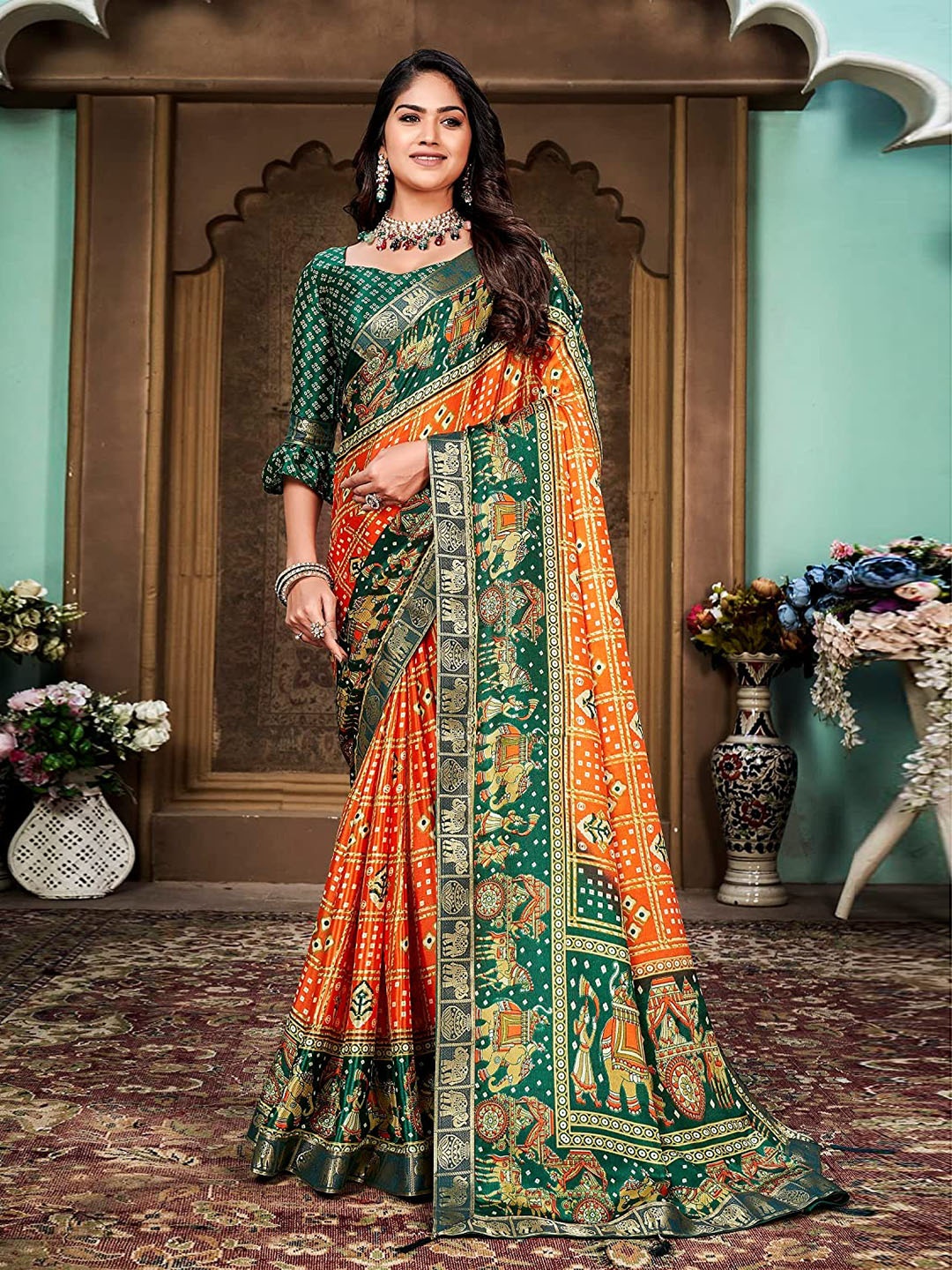 Mitera Bandhani Zari Silk Cotton Paithani Saree, Orange