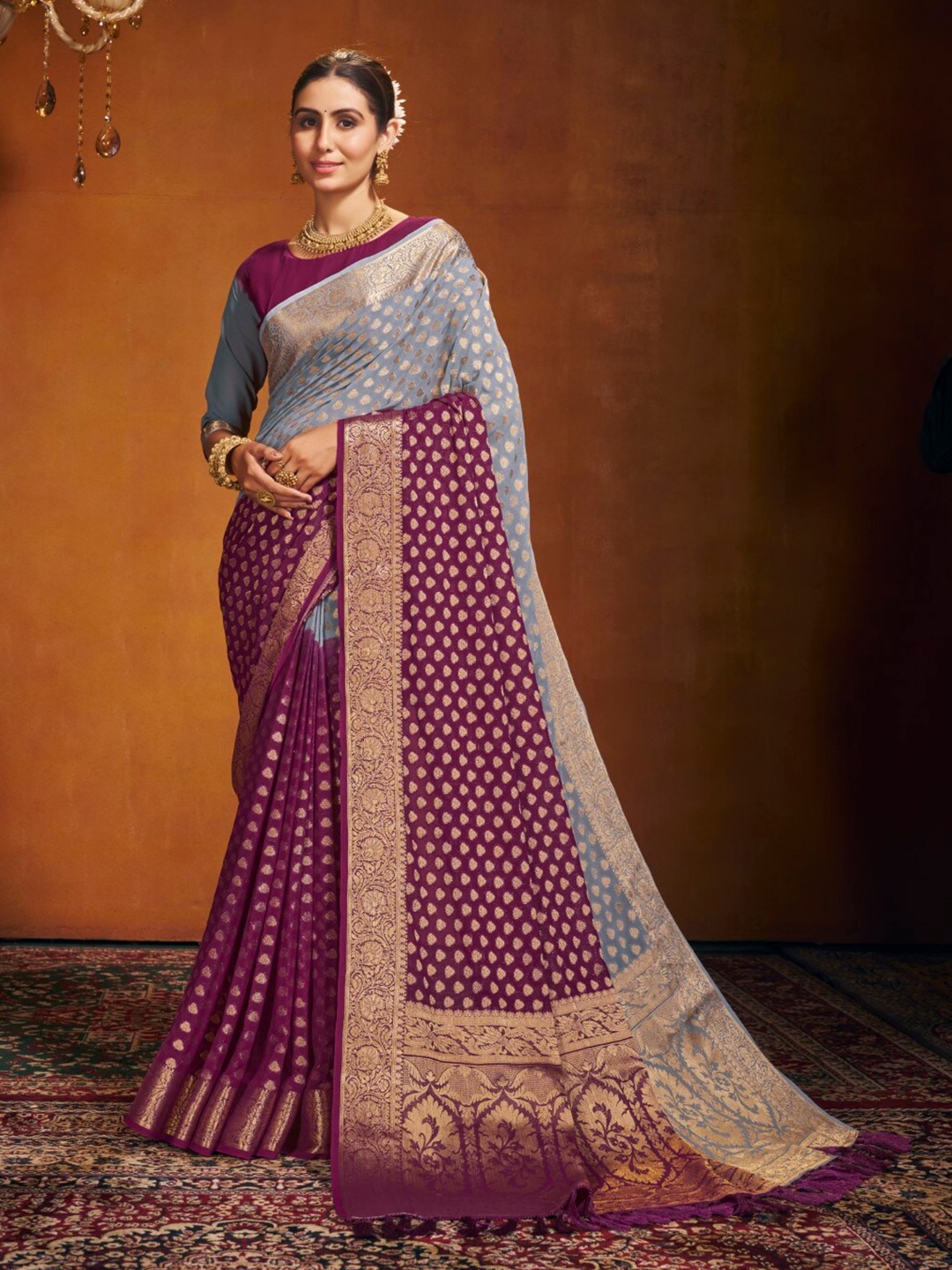 DIVASTRI Ethnic Motifs Woven Design Zari Pure Georgette Banarasi Saree, Purple
DIVASTRI Ethnic Motifs Woven Design Zari Pure Georgette Banarasi Saree, Purple
