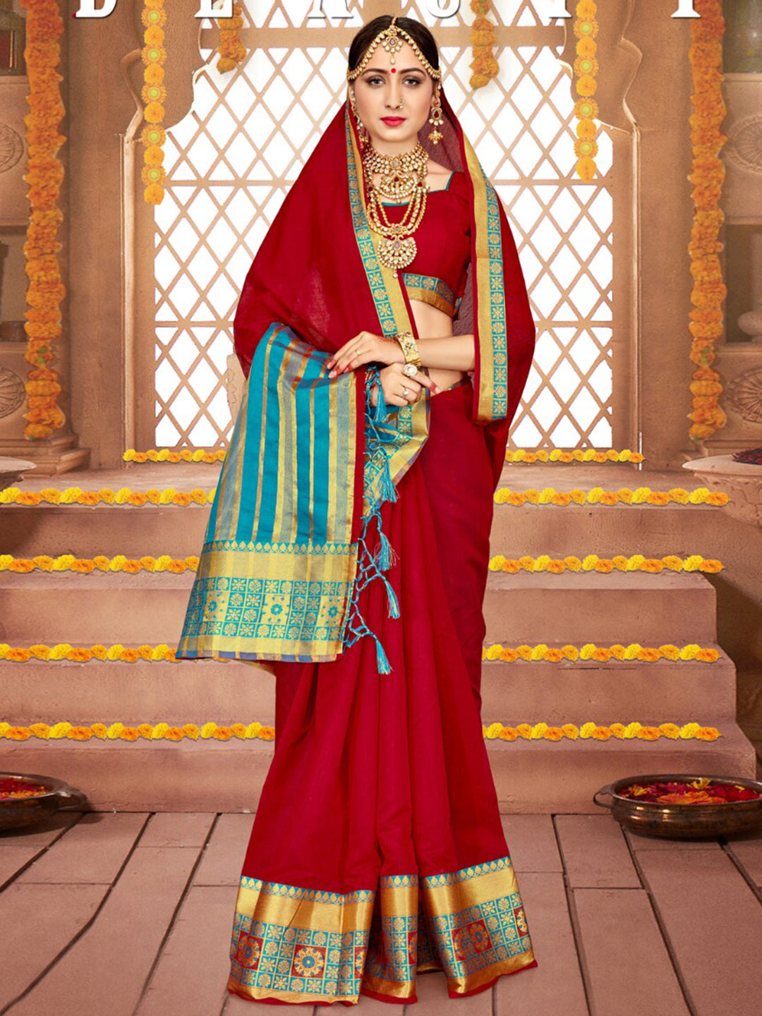 Mitera Maroon & Blue Woven Design Zari Pure Cotton Saree 
Mitera Maroon & Blue Woven Design Zari Pure Cotton Saree
