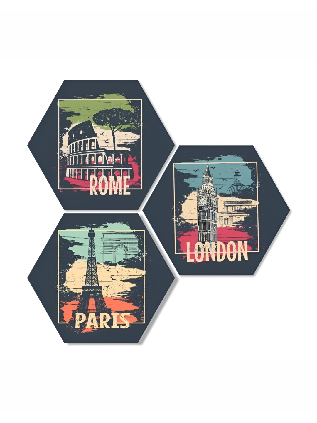 Kastner Blue & Green 3 Pieces Painted Hexagon Wooden Wall Hangings
