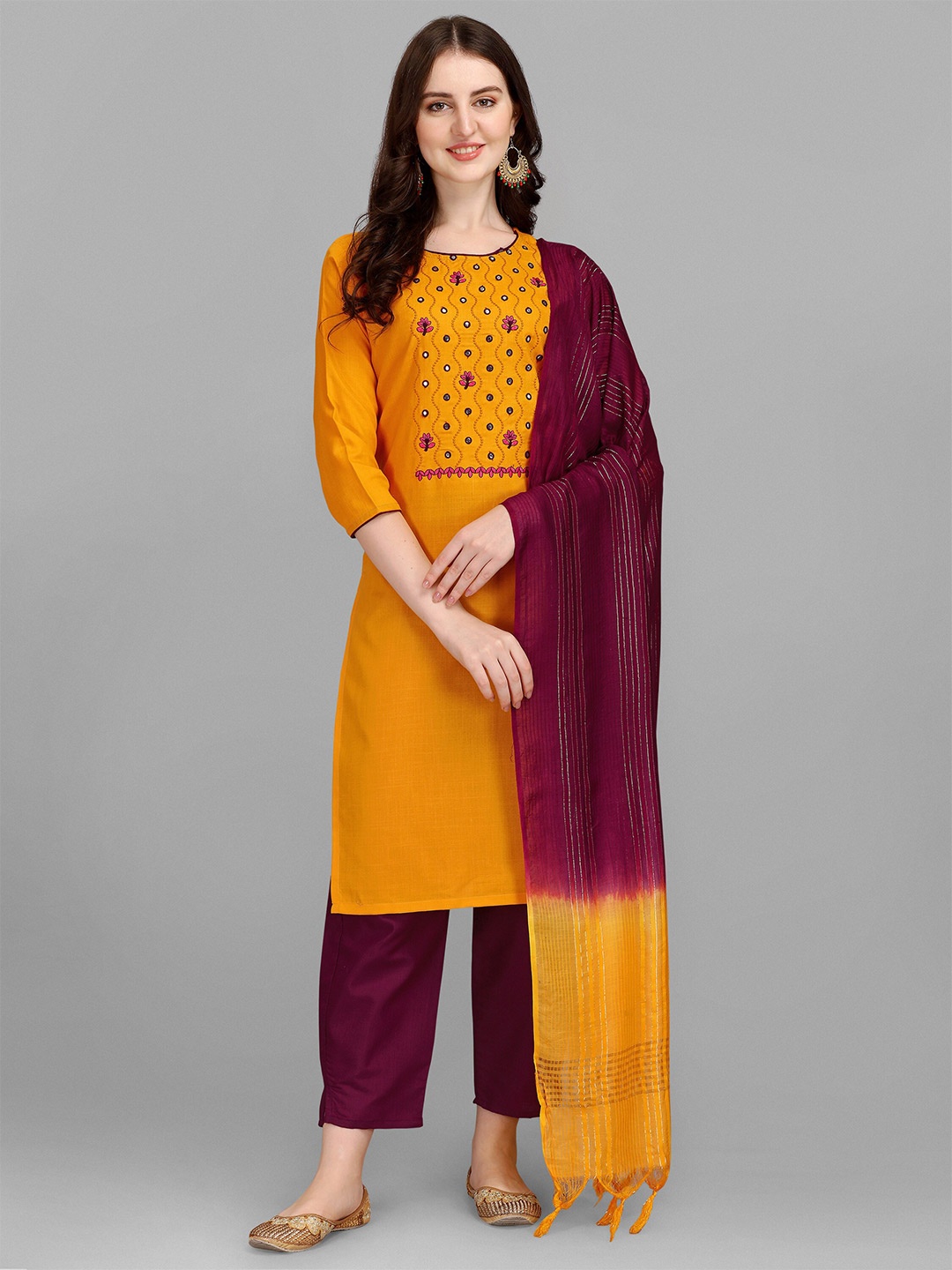 Angroop Floral Yoke Design Regular Mirror Work Straight Kurta with Trousers & Dupatta, Yellow