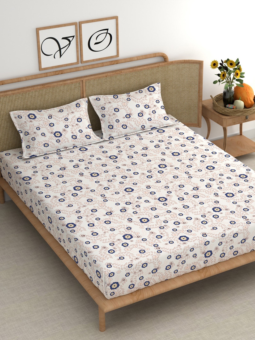 CHHAVI INDIA White & Blue Floral 210 TC Cotton King Flat Bedsheet with 2 Pillow Covers
CHHAVI INDIA White & Blue Floral 210 TC Cotton King Flat Bedsheet with 2 Pillow Covers