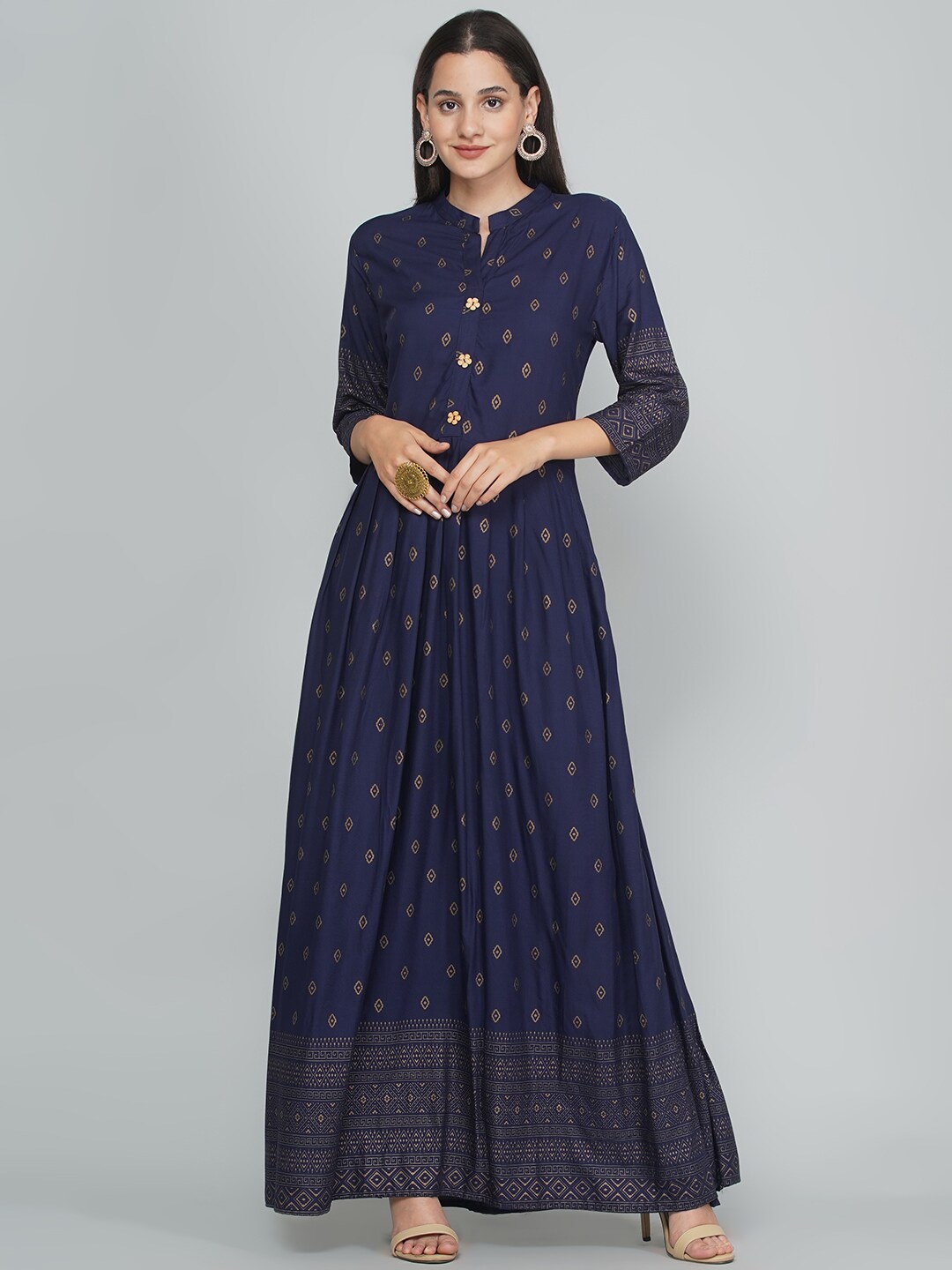 Aaysa Kurti Ethnic Motifs Printed Mandarin Collar Pleated Detailed Maxi Ethnic Dress, Navy blue
Aaysa Kurti Ethnic Motifs Printed Mandarin Collar Pleated Detailed Maxi Ethnic Dress, Navy blue