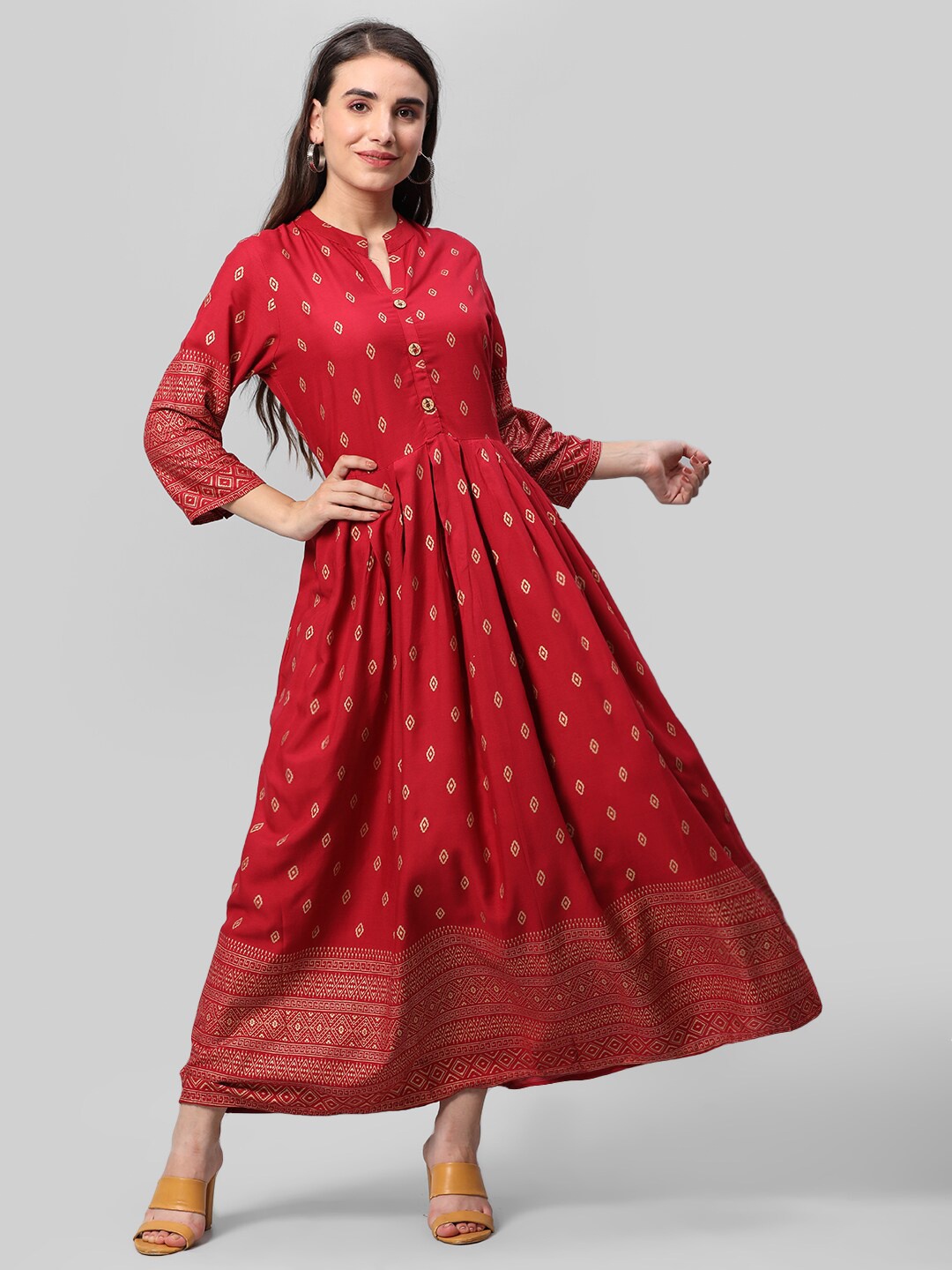 Aaysa Kurti Ethnic Motifs Printed Mandarin Collar Pleated Detailed Maxi Ethnic Dress, Maroon
Aaysa Kurti Ethnic Motifs Printed Mandarin Collar Pleated Detailed Maxi Ethnic Dress, Maroon