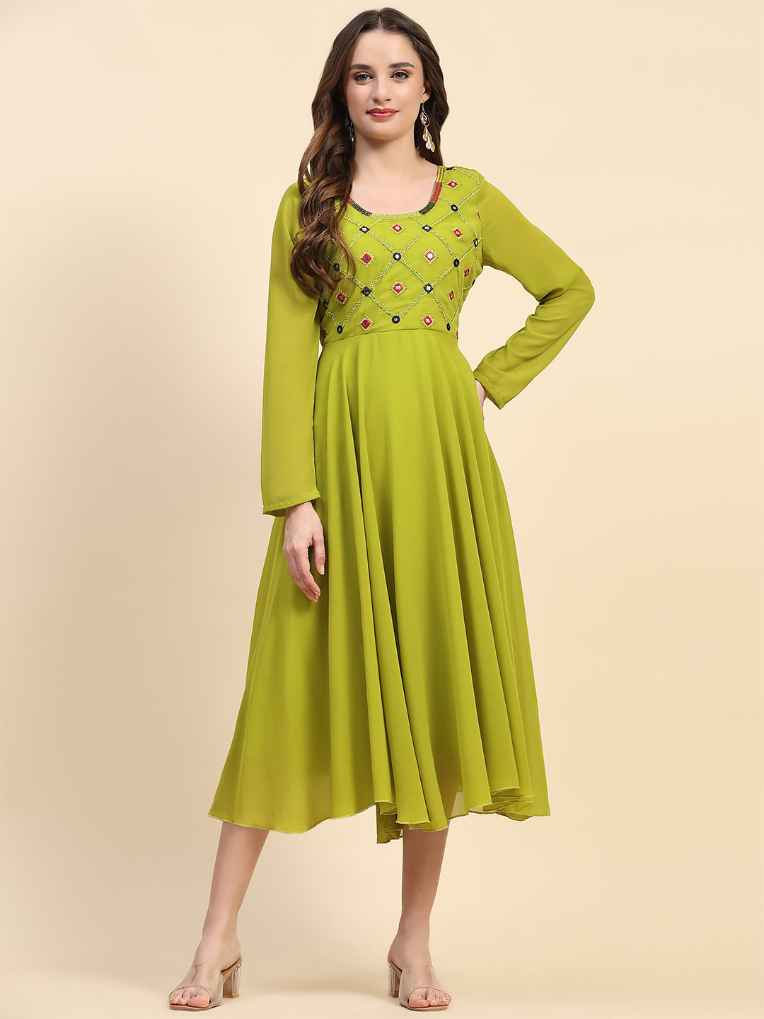 HELLO DESIGN Ethnic Motifs Embroidered Mirror Work Georgette Fit & Flare Midi Ethnic Dress, Lime green
HELLO DESIGN Ethnic Motifs Embroidered Mirror Work Georgette Fit & Flare Midi Ethnic Dress, Lime green