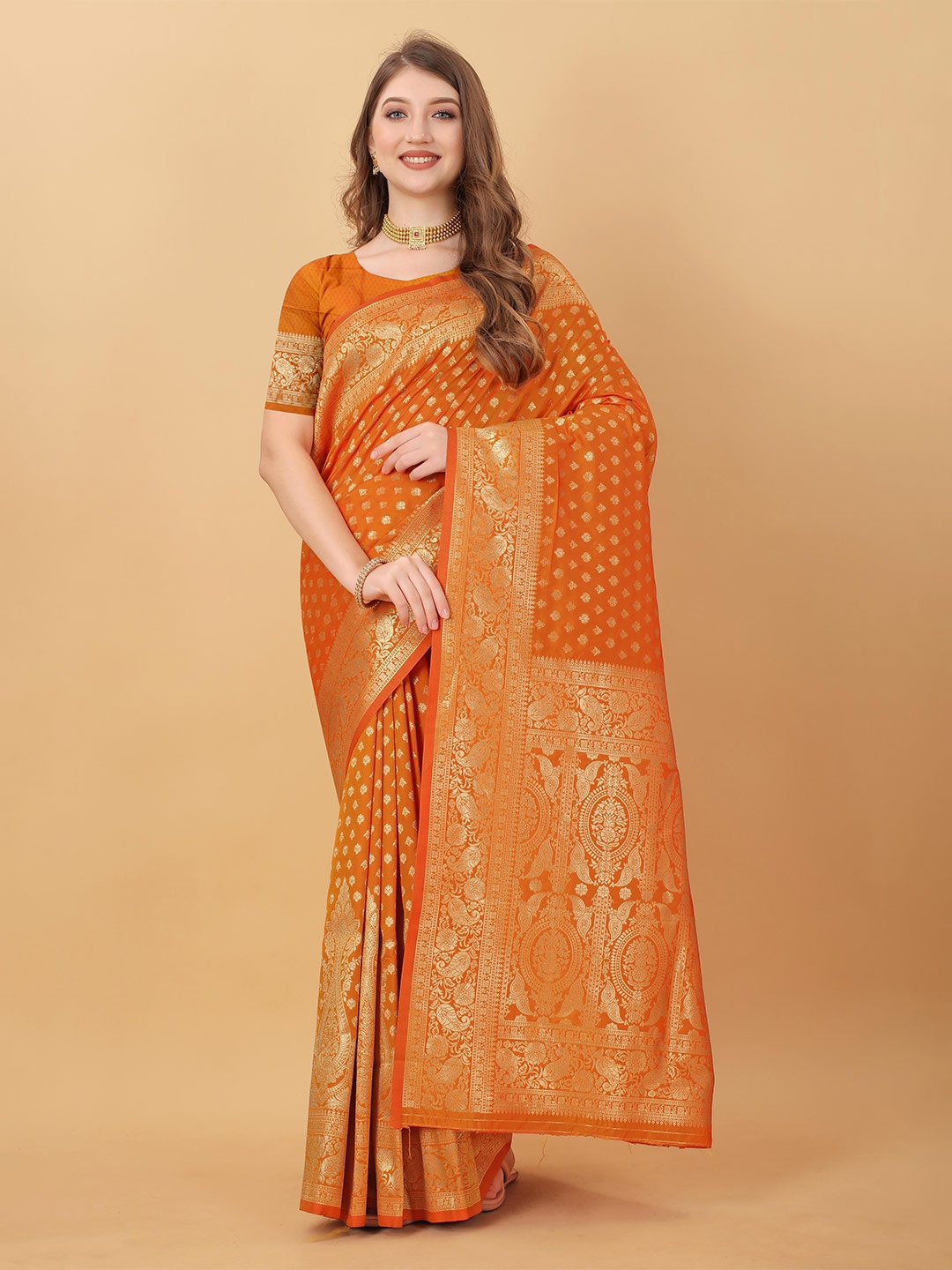 Divyadham Textiles Ethnic Motifs Woven Design Zari Pure Silk Kanjeevaram Saree, Orange
Divyadham Textiles Ethnic Motifs Woven Design Zari Pure Silk Kanjeevaram Saree, Orange