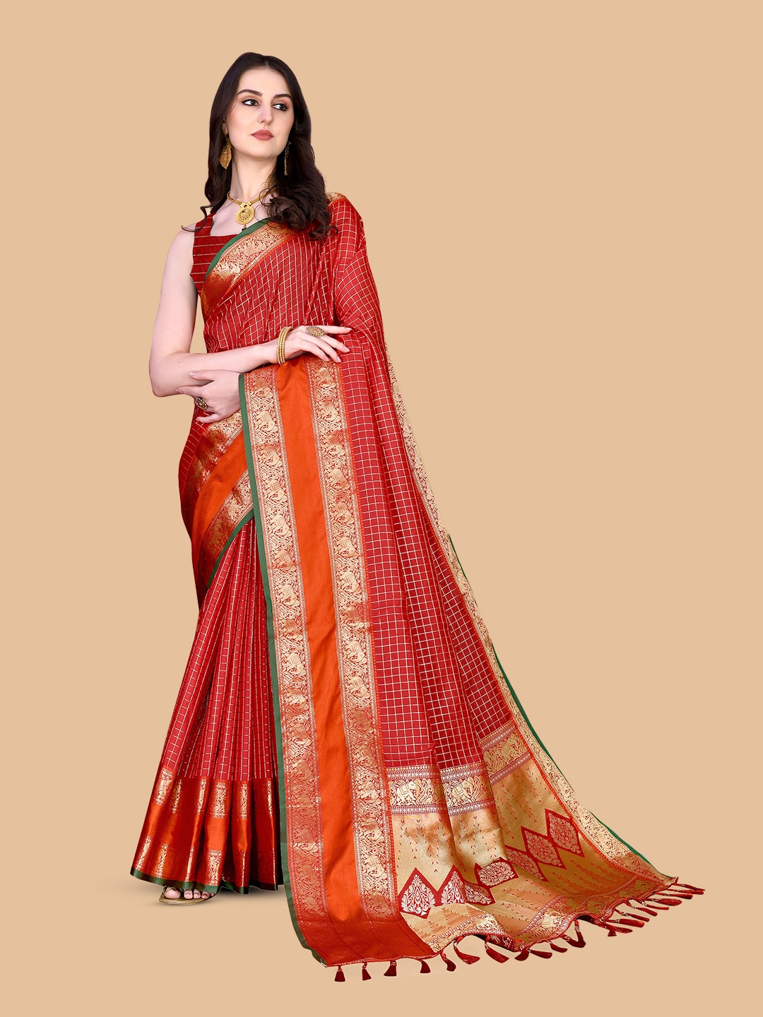Divyadham Textiles Ethnic Woven Design Zari Pure Silk Ready to Wear Kanjeevaram Saree, Red
Divyadham Textiles Ethnic Woven Design Zari Pure Silk Ready to Wear Kanjeevaram Saree, Red