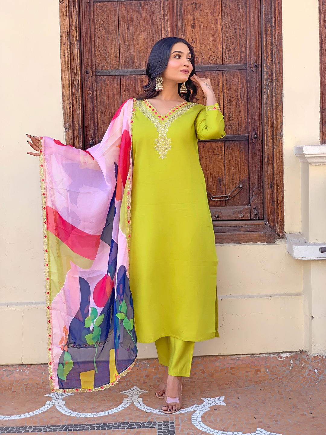 KALINI Floral Yoke Designed Regular Sequined Kurta With Trousers & Dupatta, Yellow
KALINI Floral Yoke Designed Regular Sequined Kurta With Trousers & Dupatta, Yellow