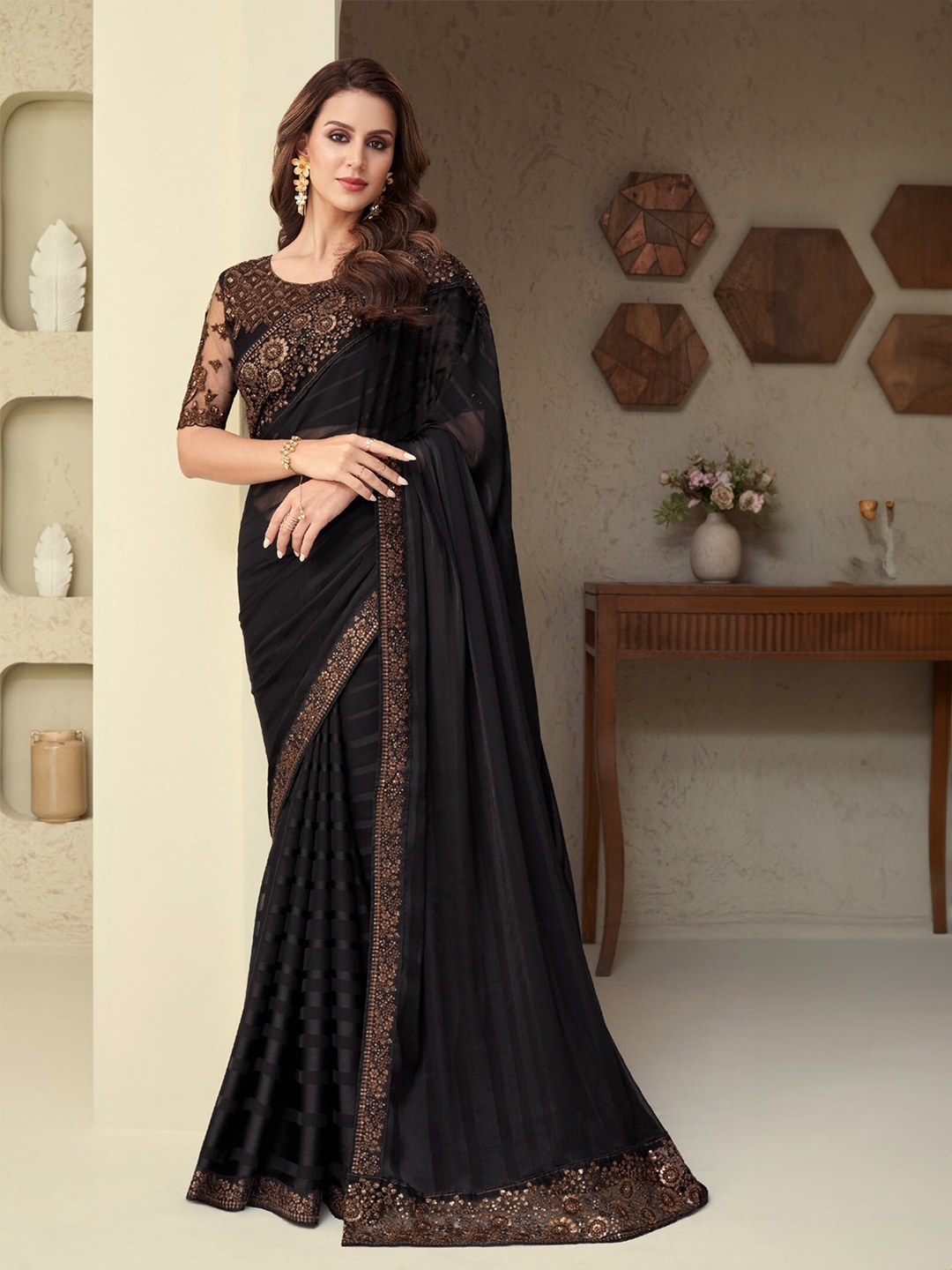 Reboot Fashions Striped Woven Design Embellished Silk Georgette Maheshwari Saree, Black
Reboot Fashions Striped Woven Design Embellished Silk Georgette Maheshwari Saree, Black