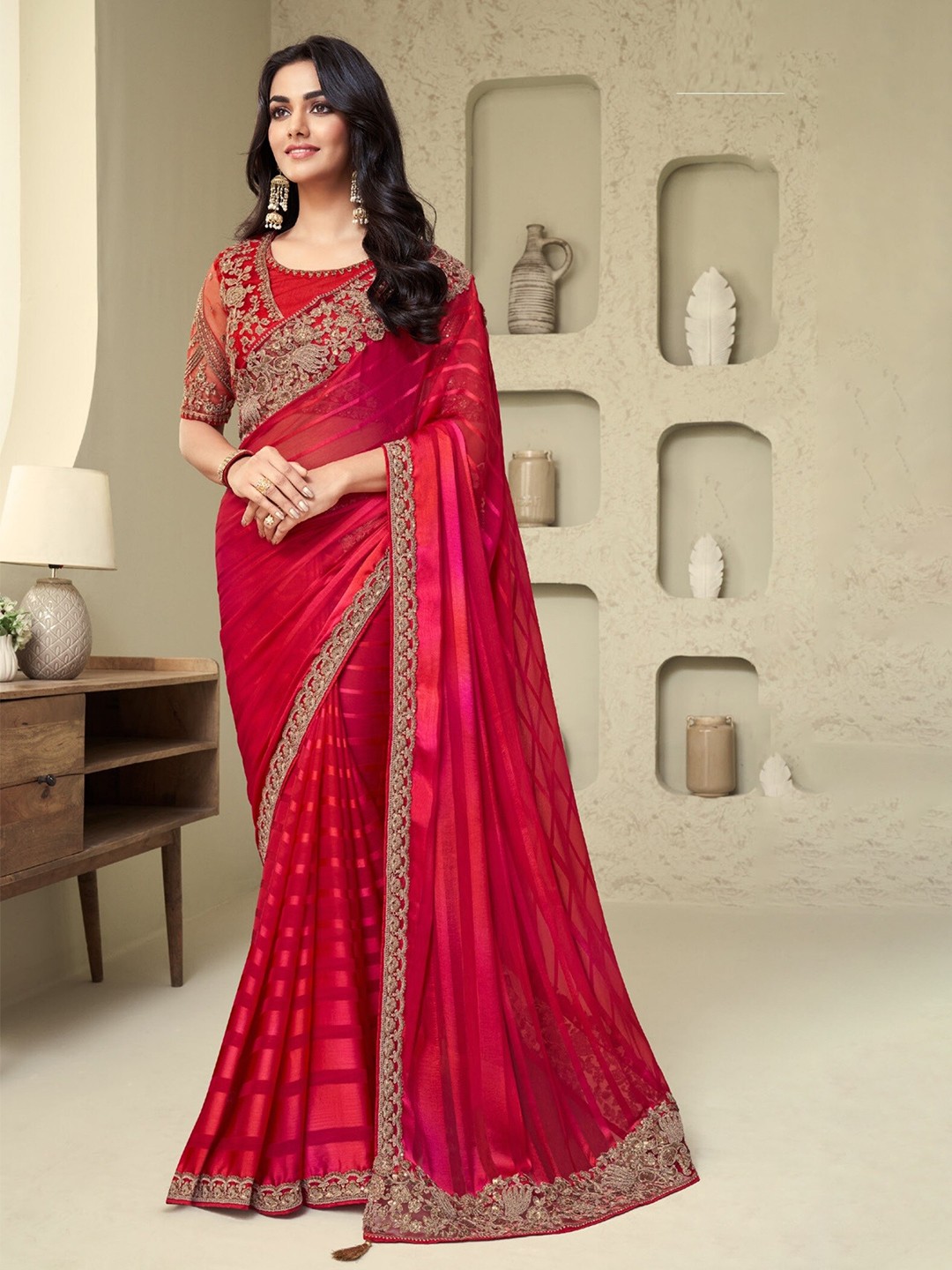 Reboot Fashions Striped Woven Design Embroidered Silk Georgette Maheshwari Saree, Red
Reboot Fashions Striped Woven Design Embroidered Silk Georgette Maheshwari Saree, Red