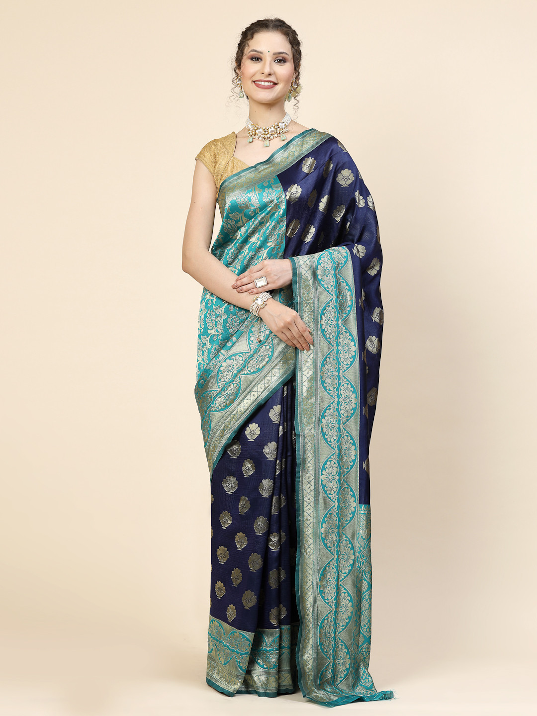 KALINI Ethnic Motifs Woven Design Jacquard Zari Banarasi Saree, Blue 
KALINI Ethnic Motifs Woven Design Jacquard Zari Banarasi Saree, Blue