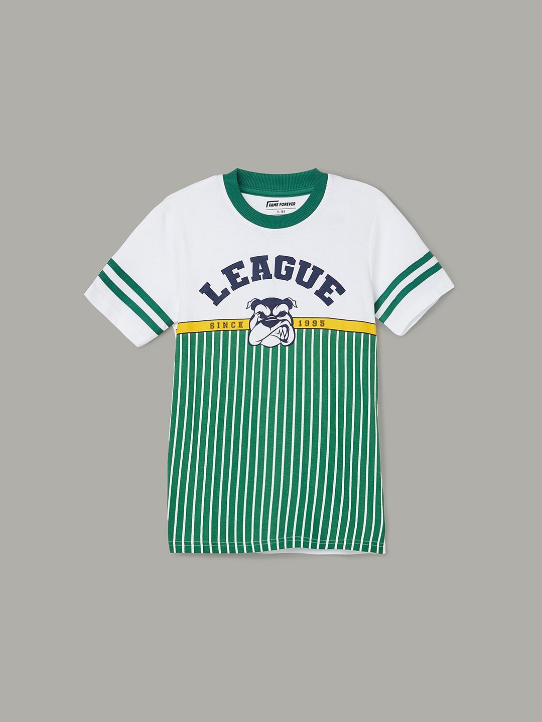 Fame Forever by Lifestyle Boys Striped Printed Cotton Round Neck Applique T-shirt, Green
Fame Forever by Lifestyle Boys Striped Printed Cotton Round Neck Applique T-shirt, Green