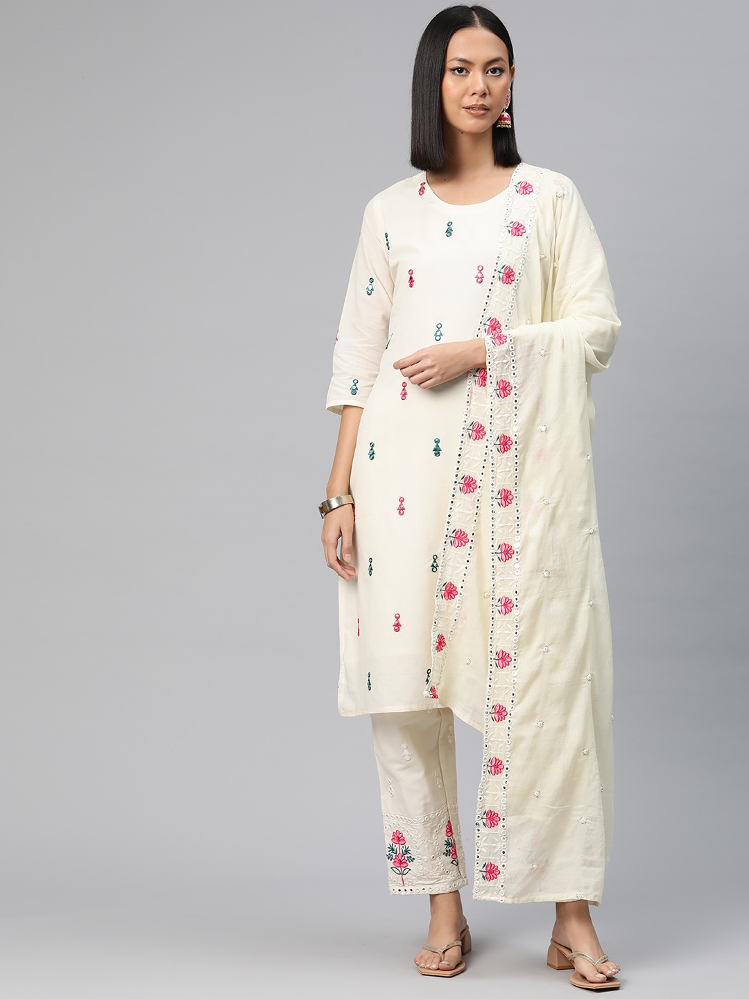 Readiprint Embroidered Mirror Work Pure Cotton Kurta with Trousers & Dupatta, Off white
Readiprint Embroidered Mirror Work Pure Cotton Kurta with Trousers & Dupatta, Off white