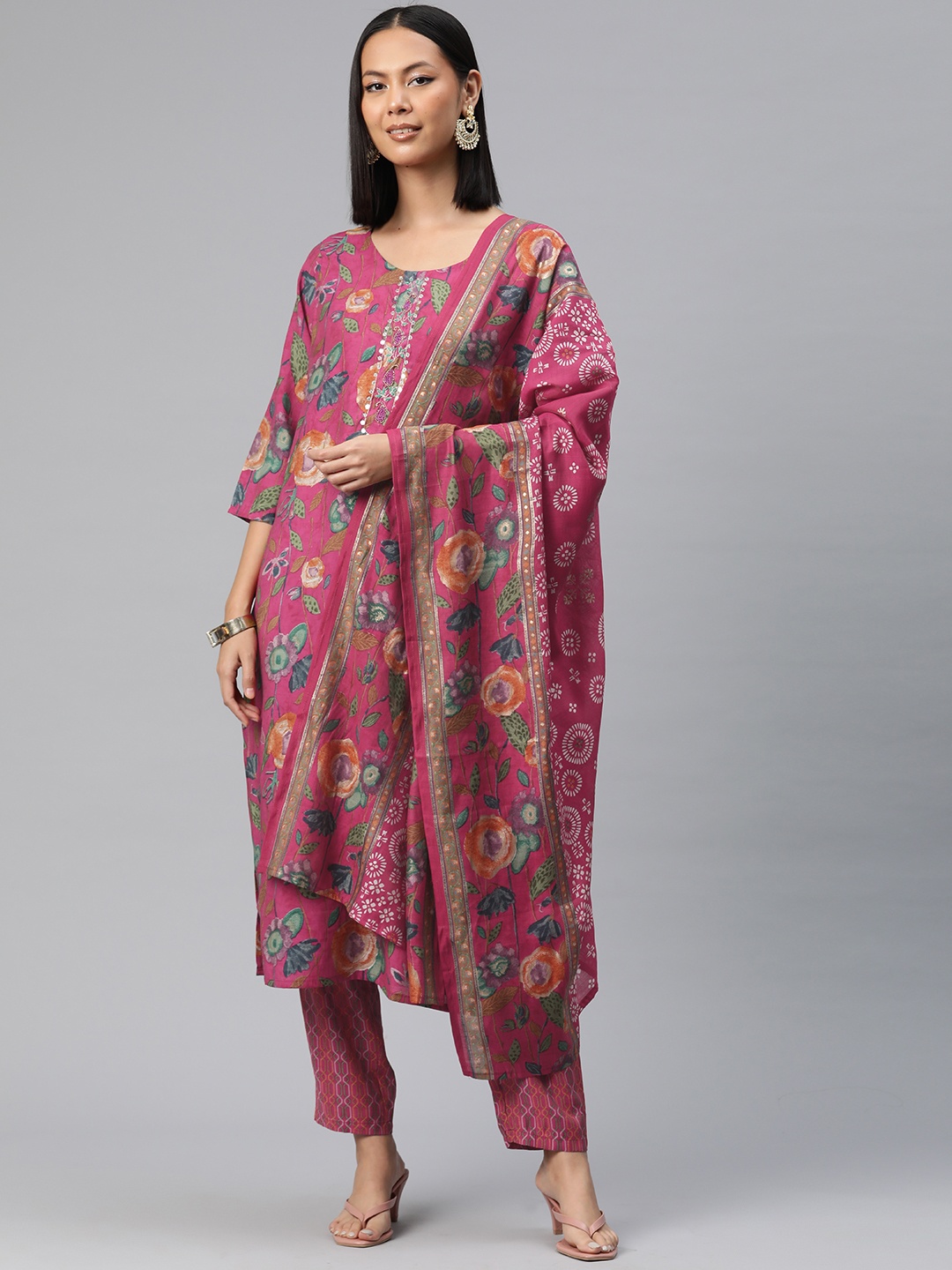 Readiprint Floral Printed Beads & Stones Pure Silk Kurta with Trousers & Dupatta, Pink
Readiprint Floral Printed Beads & Stones Pure Silk Kurta with Trousers & Dupatta, Pink