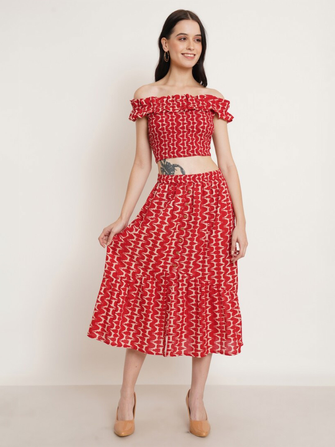 COTLAND FASHION Abstract Printed Off-Shoulder Pure Cotton Top With Skirt Co-Ord, Red 
COTLAND FASHION Abstract Printed Off-Shoulder Pure Cotton Top With Skirt Co-Ord, Red