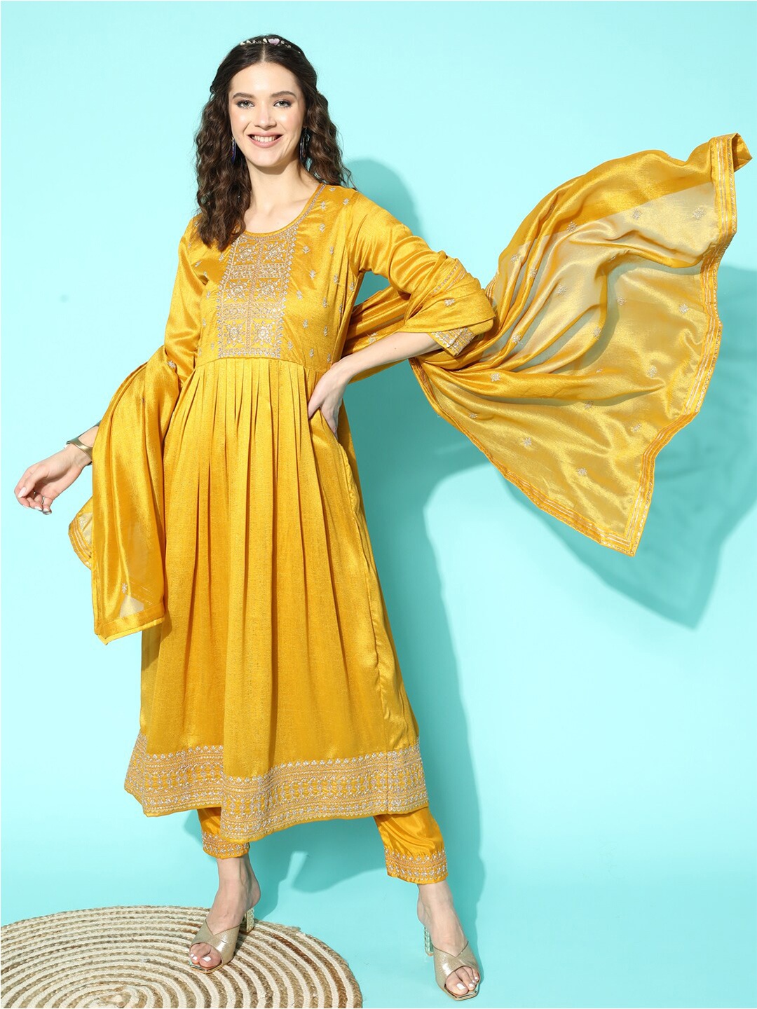 Sangria Yellow Ethnic Motifs Embroidered Zari Anarkali Kurta Trousers With Dupatta
Sangria Yellow Ethnic Motifs Embroidered Zari Anarkali Kurta Trousers With Dupatta