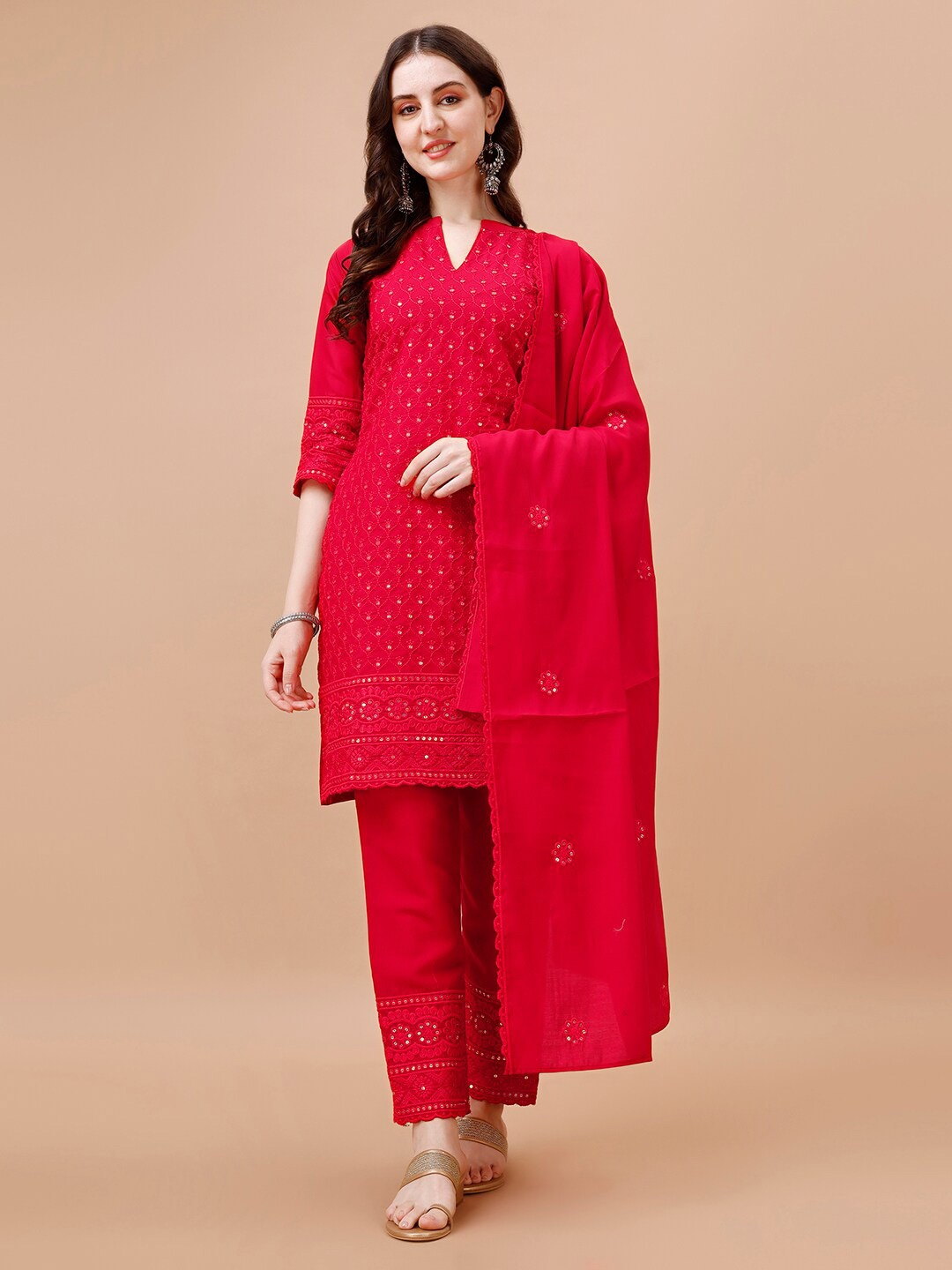 KALINI Ethnic Motifs Embroidered Thread Work Kurta & Trousers With Dupatta, Red
KALINI Ethnic Motifs Embroidered Thread Work Kurta & Trousers With Dupatta, Red