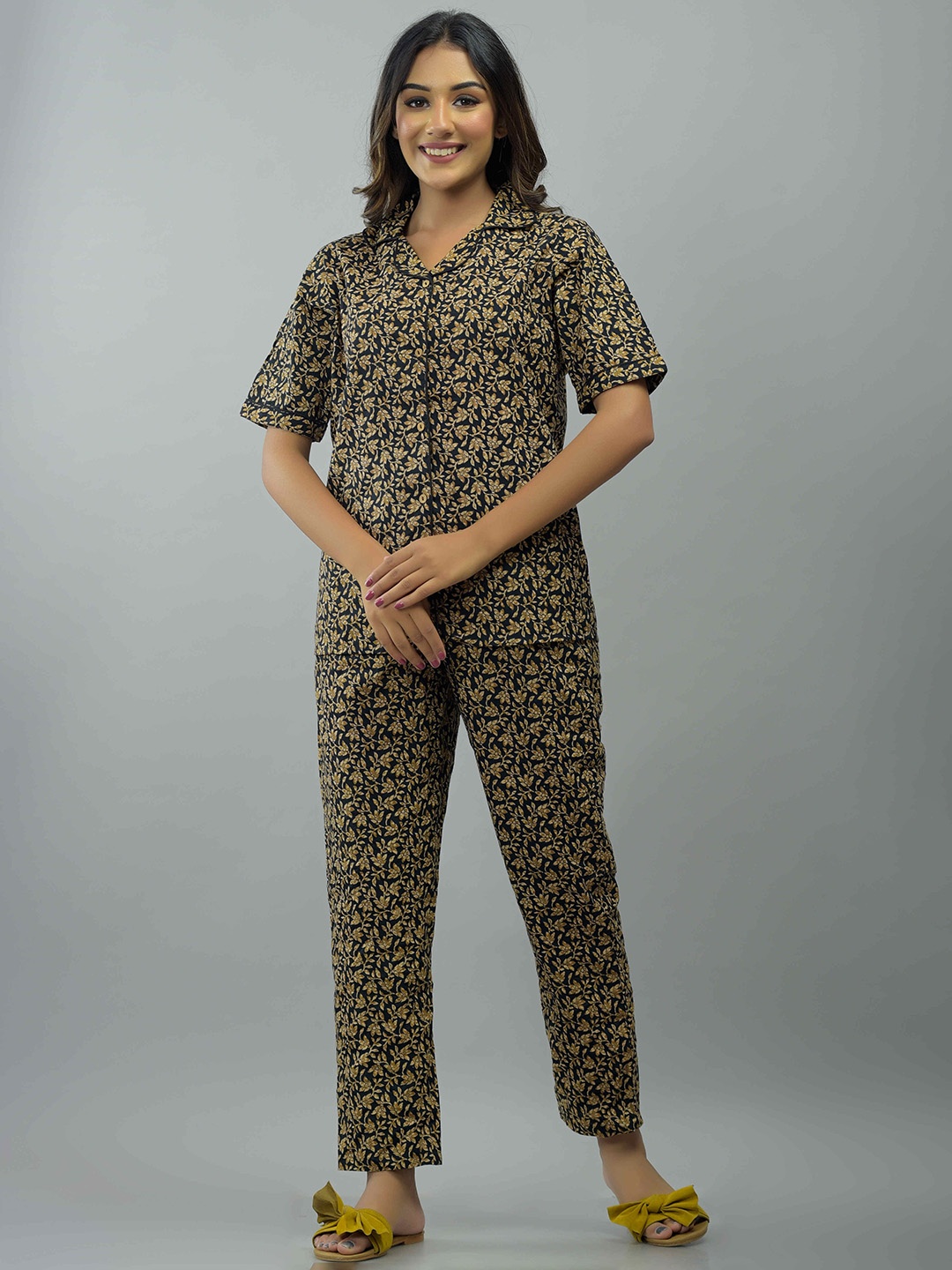 UNIBLISS Floral Printed Pure Cotton Night Suit, Black