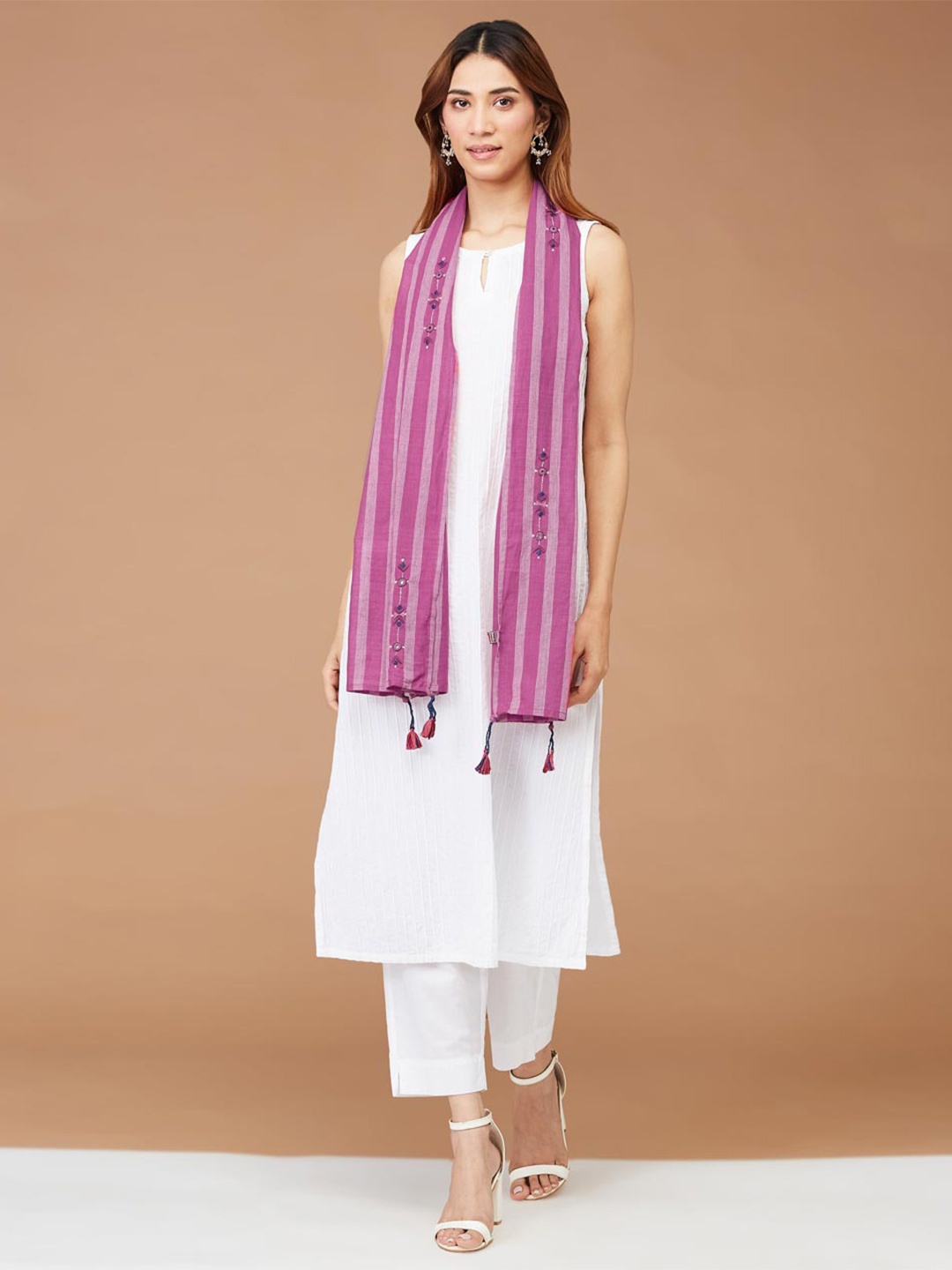 Fabindia Women Striped Cotton Stole, Pink