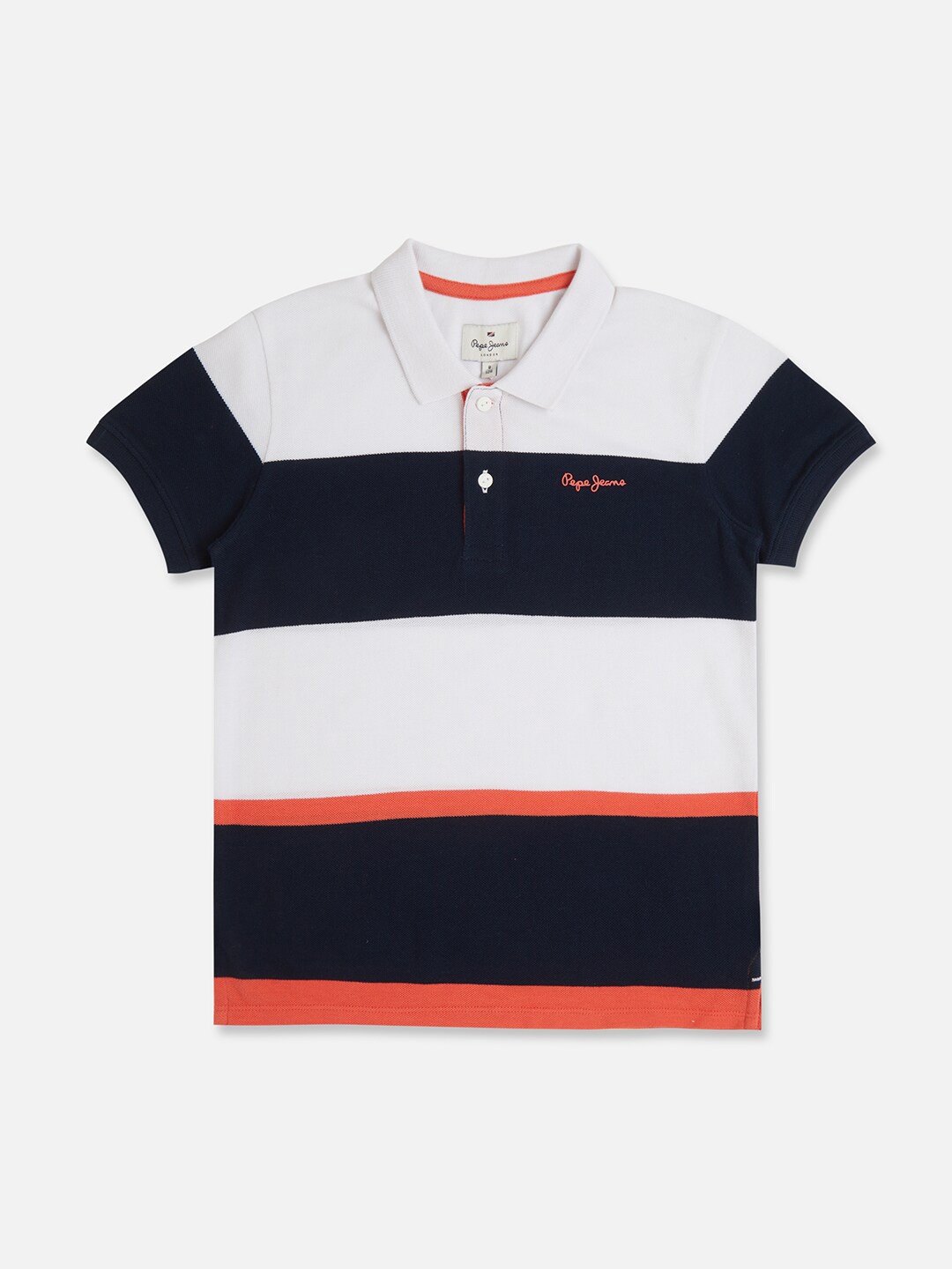 Pepe Jeans Boys Striped Colourblocked Polo Collar Pure Cotton T-shirt, Orange
Pepe Jeans Boys Striped Colourblocked Polo Collar Pure Cotton T-shirt, Orange