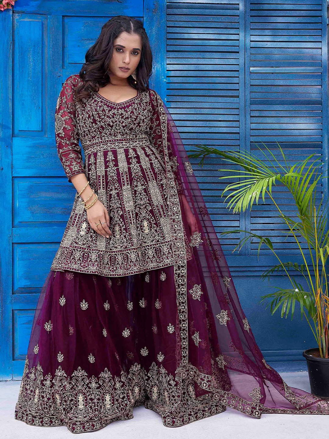 Ariya Prints Ethnic Motifs Embroidered Empire Beads & Stones Kurta With Sharara & Dupatta, Maroon
Ariya Prints Ethnic Motifs Embroidered Empire Beads & Stones Kurta With Sharara & Dupatta, Maroon