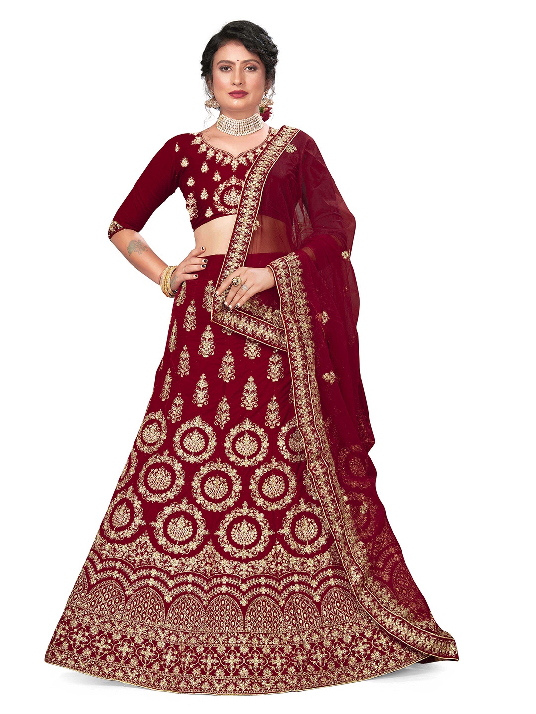 MANVAA Embroidered Beads and Stones Semi-Stitched Lehenga & Unstitched Blouse With Dupatta, Maroon
MANVAA Embroidered Beads and Stones Semi-Stitched Lehenga & Unstitched Blouse With Dupatta, Maroon