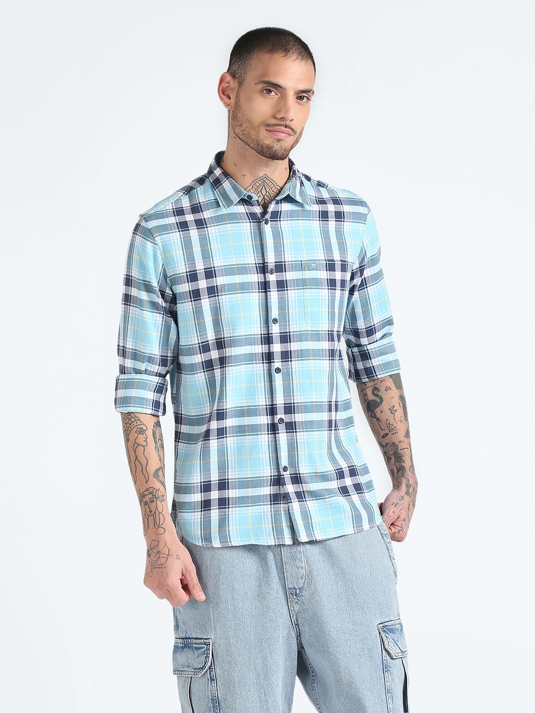 Flying Machine Checked Spread Collar Roll Up Sleeves Pure Cotton Slim Fit Casual Shirt, Blue
Flying Machine Checked Spread Collar Roll Up Sleeves Pure Cotton Slim Fit Casual Shirt, Blue