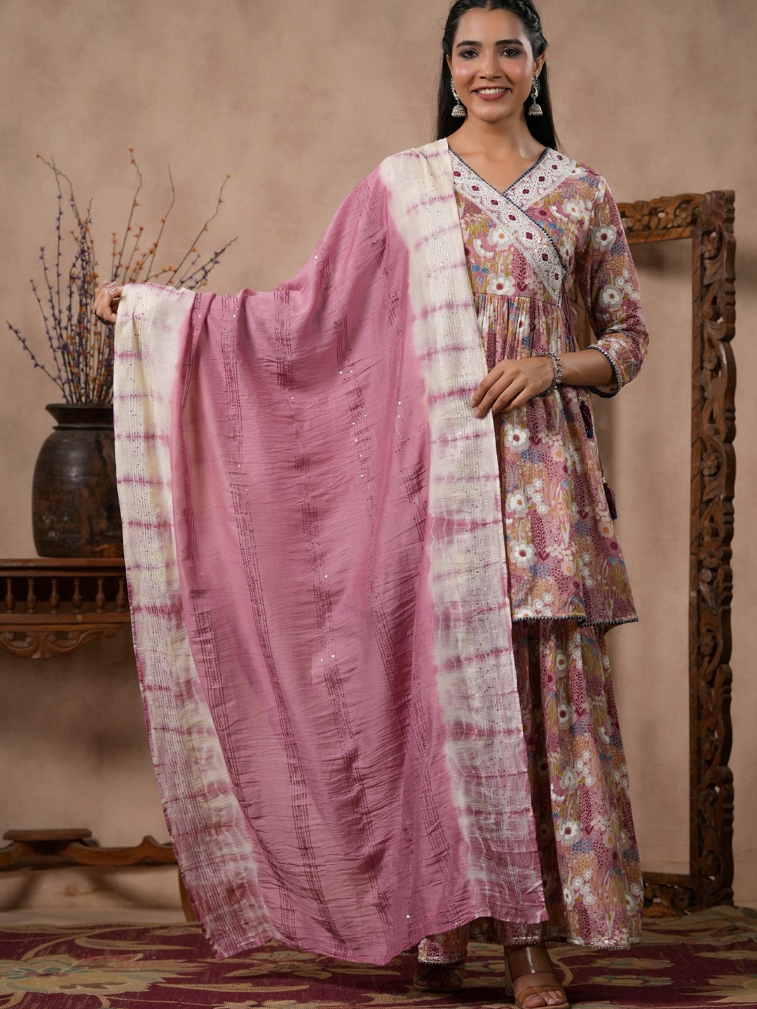 PUKHYA Floral Printed Thread Work Detailed Anarkali Kurta & Sharara With Dupatta, Pink
PUKHYA Floral Printed Thread Work Detailed Anarkali Kurta & Sharara With Dupatta, Pink