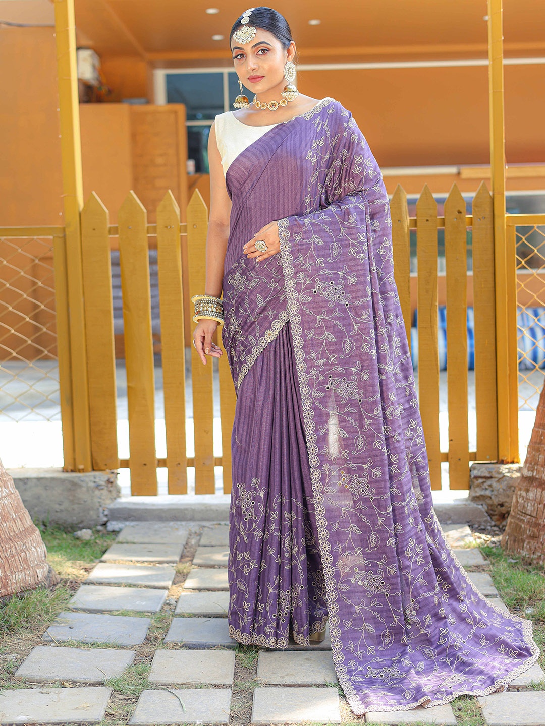 Munir Purple & GoldToned Embellished Beads and Stones Silk Saree