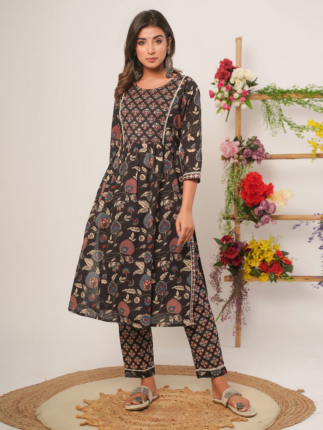 Chandbaali Floral Printed Mirror Work Pure Cotton A-Line Kurta & Trouser With Dupatta, Black
Chandbaali Floral Printed Mirror Work Pure Cotton A-Line Kurta & Trouser With Dupatta, Black