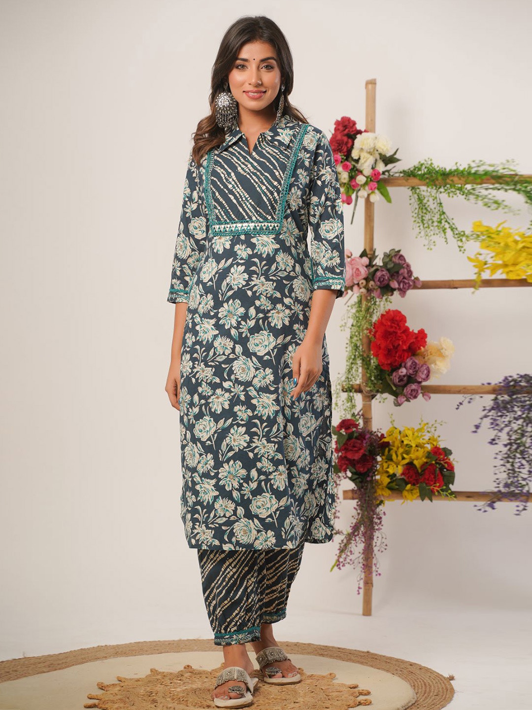 Chandbaali Floral Printed Mirror Work Detailed Pure Cotton Straight Kurta With Trouser, Blue
Chandbaali Floral Printed Mirror Work Detailed Pure Cotton Straight Kurta With Trouser, Blue