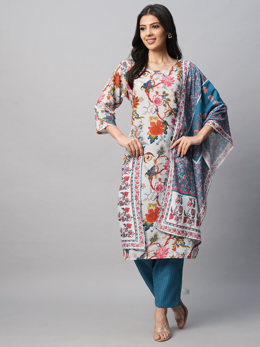 AMRUTVARSHA CREATION Floral Printed Thread Work Pure Cotton Kurta with Trousers & Dupatta, White
AMRUTVARSHA CREATION Floral Printed Thread Work Pure Cotton Kurta with Trousers & Dupatta, White