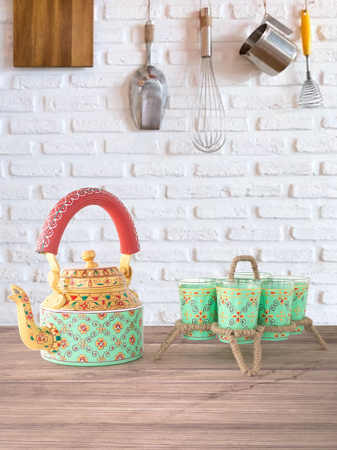 Golden Peacock 8 Pieces Green & Yellow Printed Stainless Steel Kettle Glasses and Holder
Golden Peacock 8 Pieces Green & Yellow Printed Stainless Steel Kettle Glasses and Holder