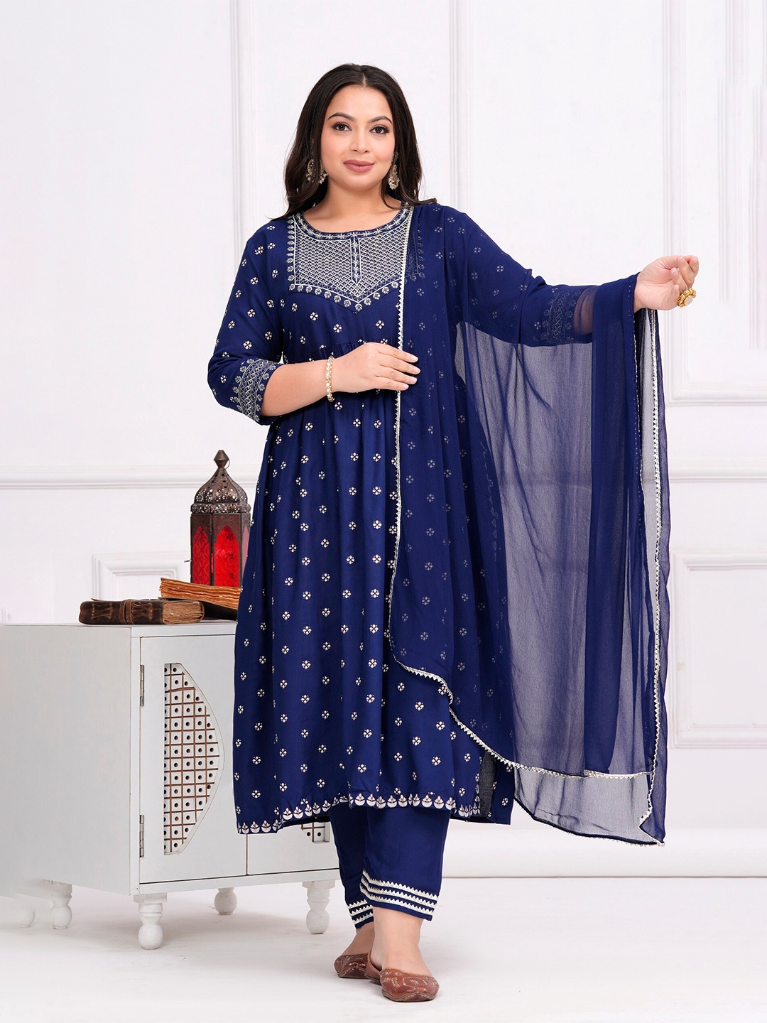 KUROCK Ethnic Motifs Printed Empire Sequinned Kurta with Trousers & With Dupatta, Blue
KUROCK Ethnic Motifs Printed Empire Sequinned Kurta with Trousers & With Dupatta, Blue