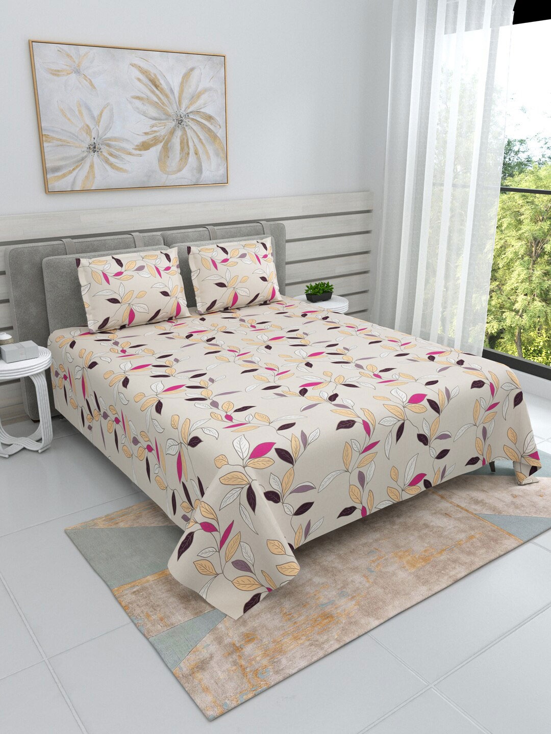 DREAM WEAVERZ Purple & Pink Floral Cotton 220 TC King Bedsheet With 2 Pillow Covers, Off white
DREAM WEAVERZ Purple & Pink Floral Cotton 220 TC King Bedsheet With 2 Pillow Covers, Off white
