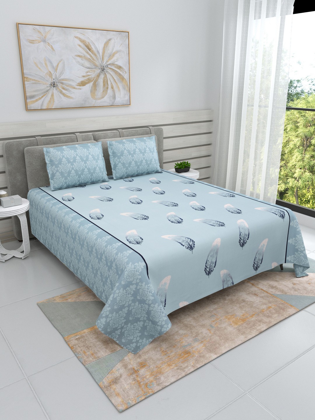 DREAM WEAVERZ Blue Conversational Printed Cotton 220 TC King Bedsheet With 2 Pillow Covers