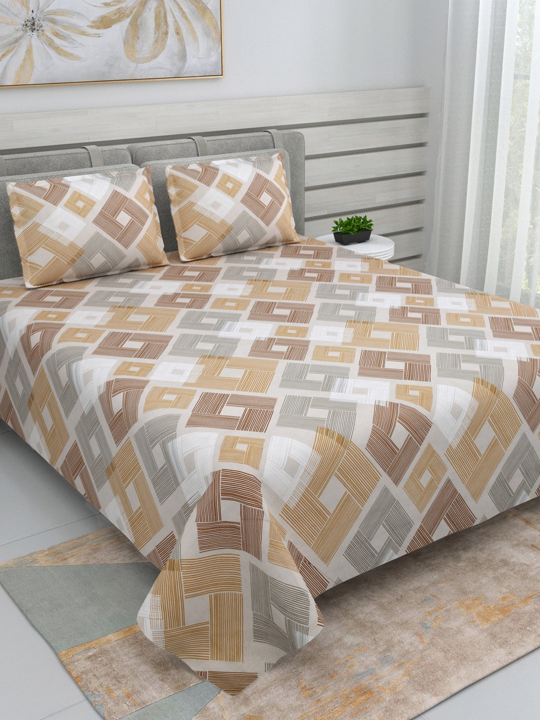 DREAM WEAVERZ Grey & Brown Geometric Cotton 220 TC King Bedsheet With 2 Pillow Covers, White
DREAM WEAVERZ Grey & Brown Geometric Cotton 220 TC King Bedsheet With 2 Pillow Covers, White